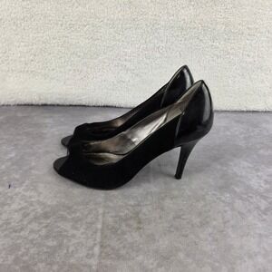 Kristin Davis Black Suede and Patent Leather Peep Toe Stiletto Pumps Size 7M